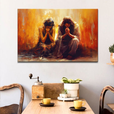 Christian wall art featuring women and Jesus praying, perfect faith-based home decor and Jesus artwork.