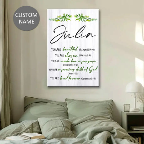 Faith-based wall art: "You Are Beautiful, Chosen, Made for a Purpose." Perfect for Christian home decor.