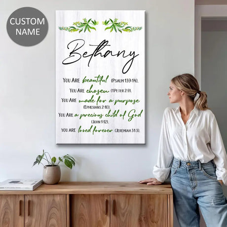 Christian wall art canvas: "You Are Beautiful, Chosen, Made for a Purpose." Inspirational faith-based decor.