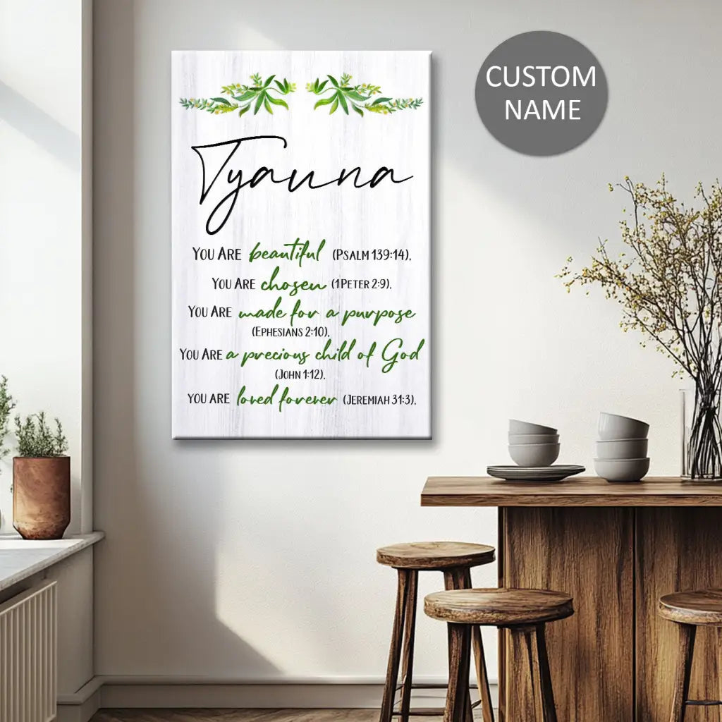 Personalized Christian canvas: "You Are Beautiful, Chosen, Made for a Purpose." A meaningful and uplifting gift.