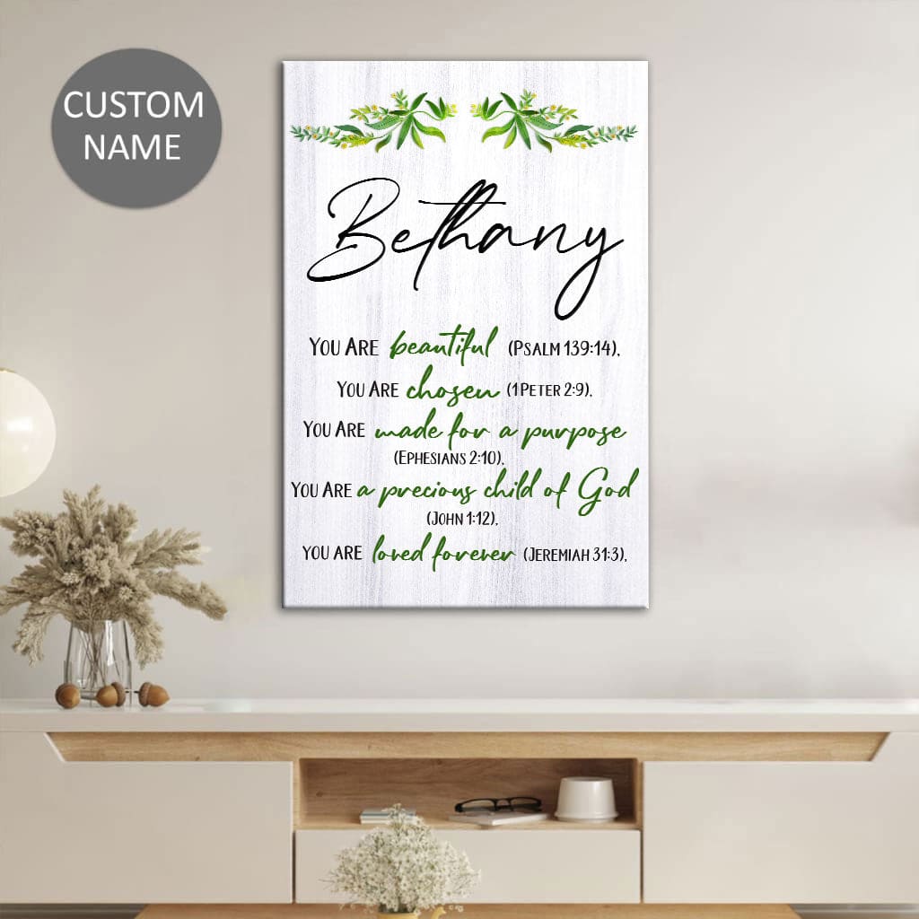 Inspirational Scripture wall art with a personalized touch, celebrating beauty, purpose, and God's choice for your life.