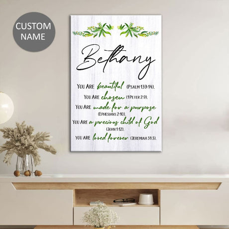 Inspirational Scripture wall art with a personalized touch, celebrating beauty, purpose, and God's choice for your life.