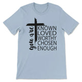 You are known loved worthy chosen enough Christian t-shirt Light Blue / S