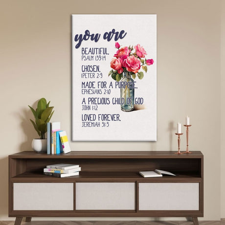Bible verse wall art with "You Are Who God Says You Are," ideal Christian home decor for inspiration.