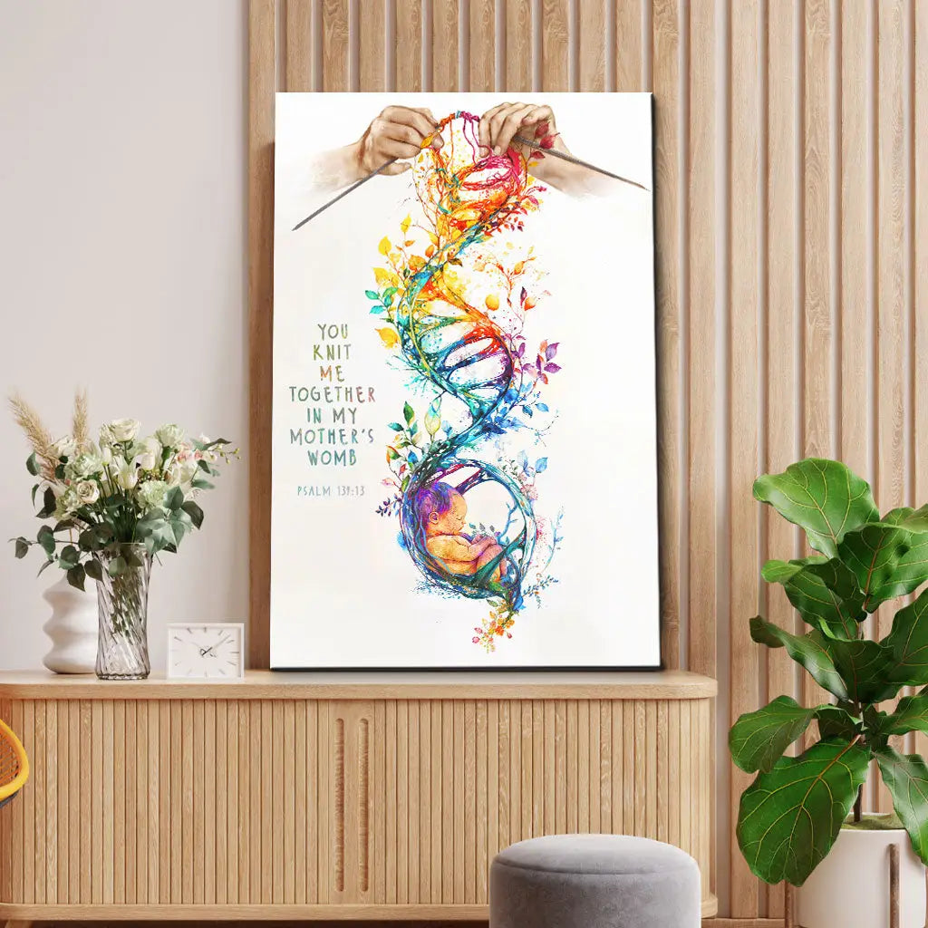 Bible verse wall art canvas with &quot;You Knit Me Together In My Mother&#39;s Womb,&quot; from Psalm 139:13, perfect for Christian gifts.