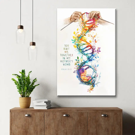 Christian wall art canvas featuring the comforting words of Psalm 139:13, "You Knit Me Together In My Mother's Womb."