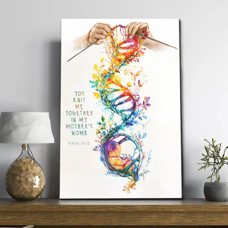 Christian artwork canvas featuring Psalm 139:13, "You Knit Me Together In My Mother's Womb," a heartfelt Bible verse decor.