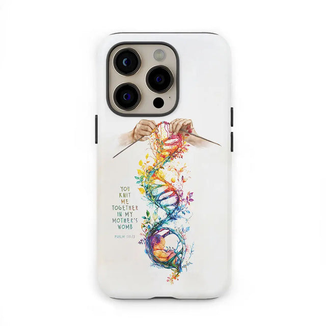 Christian phone case with Psalm 139:13, "You Knit Me Together In My Mother's Womb," perfect for faith-inspired gift.