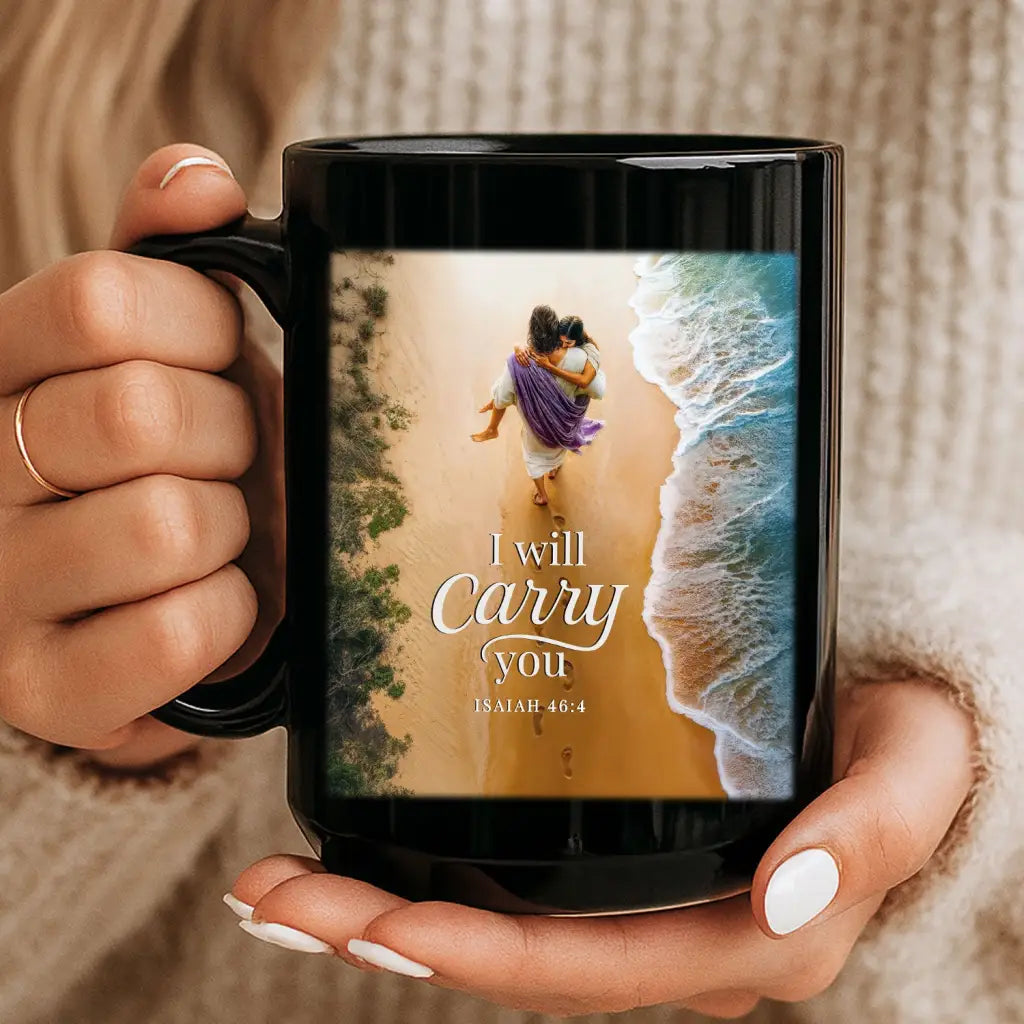 I Will Carry You mug, Jesus and child design, Christian gift of comfort, faith, and scripture.
 Black / 15 oz