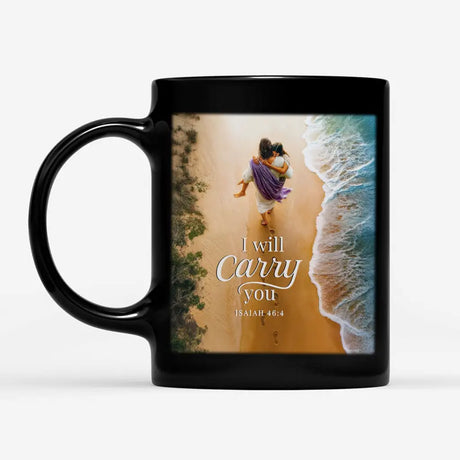 Inspirational Christian mug with Isaiah 46:4, Jesus holding young girl, perfect faith-based gift.
