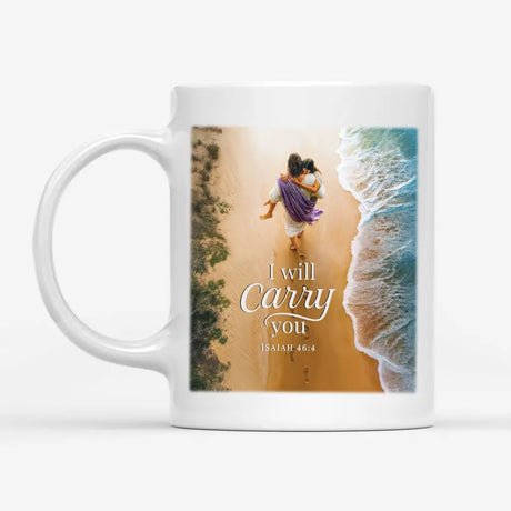 Faith-based white mug with Isaiah 46:4, Christian gift showing Jesus holding young girl.