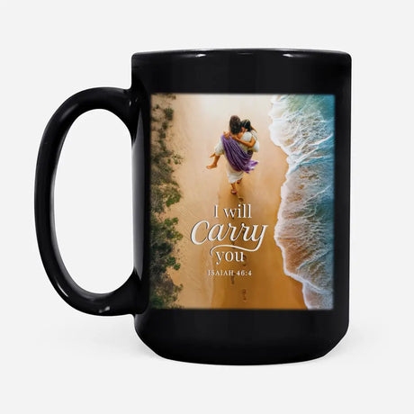 Faith-based coffee mug with Jesus and child, Bible verse reminder of God’s care and protection.