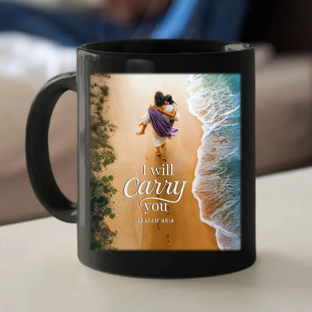 Christian coffee mug with Jesus carrying girl, faith-based gift with Isaiah 46:4 Bible verse and love.
 Black / 11 oz