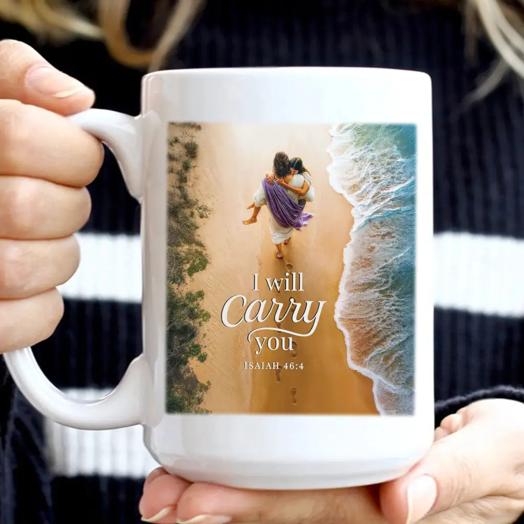 I Will Carry You mug, Jesus and girl design, Christian white mug with Bible verse for encouragement.