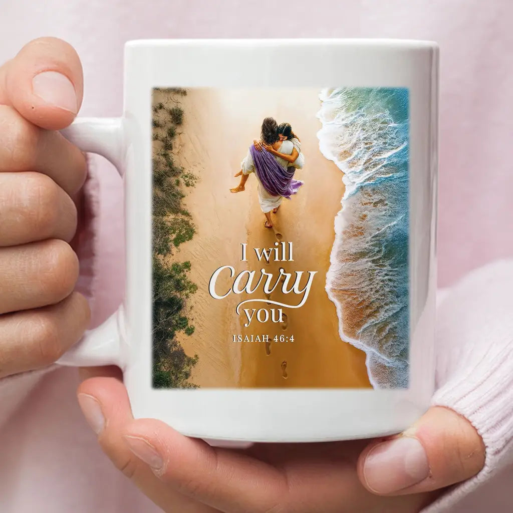 White Christian coffee mug with Jesus carrying young girl, Isaiah 46:4 scripture, faith-based gift.