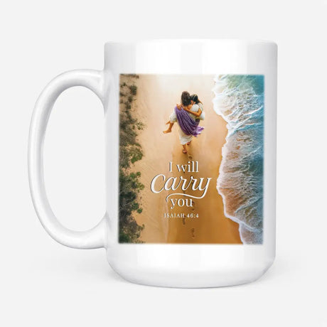 Inspirational Christian coffee mug, Jesus carrying child, Bible verse design on white ceramic.