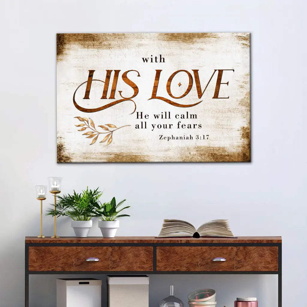Inspirational Bible verse canvas offering peace and assurance from Zephaniah 3:17.