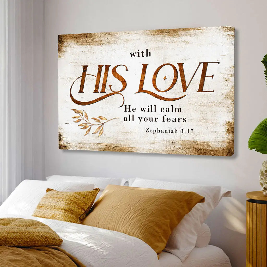 Zephaniah 3:17 With His Love He Will Calm All Your Fears Morden Farmhouse Wall Art Canvas