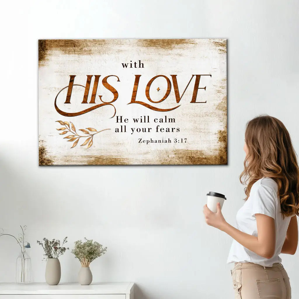 Zephaniah 3:17 wall art canvas featuring the verse “With His love He will calm all your fears.”