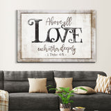 Christian wall art: 1 Peter 4:8 "Above All Love Each Other Deeply," rustic farmhouse design, Bible verse decor.