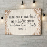 1 Samuel 1:27 "For This Child We Have Prayed" wall art canvas with Brown background, Christian gifts for kids.