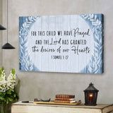 Faith-based "For This Child We Have Prayed" 1 Samuel 1:27 wall art canvas with teal background, ideal gift for kids.
