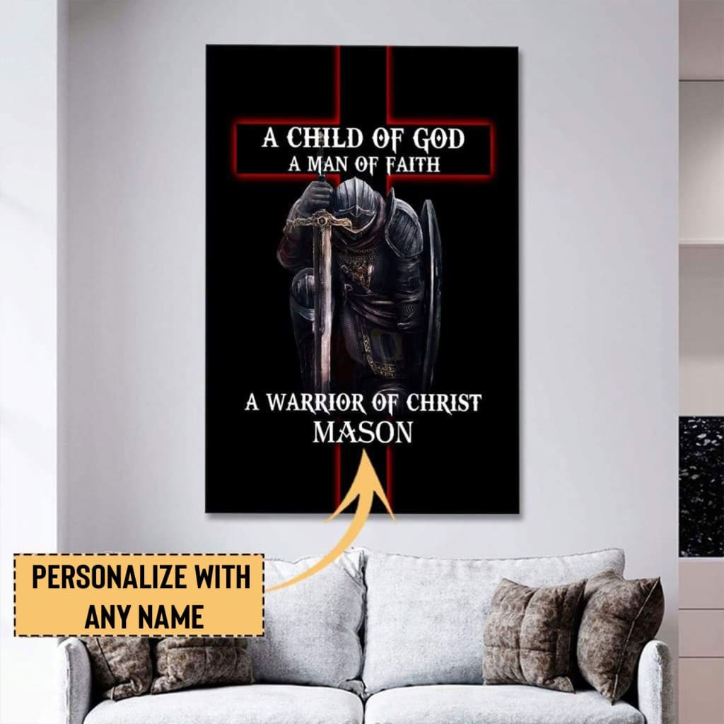 Christian wall art with "Child of God Man of Faith Warrior of Christ" Bible verse and custom name, ideal for faith-based gifts.
