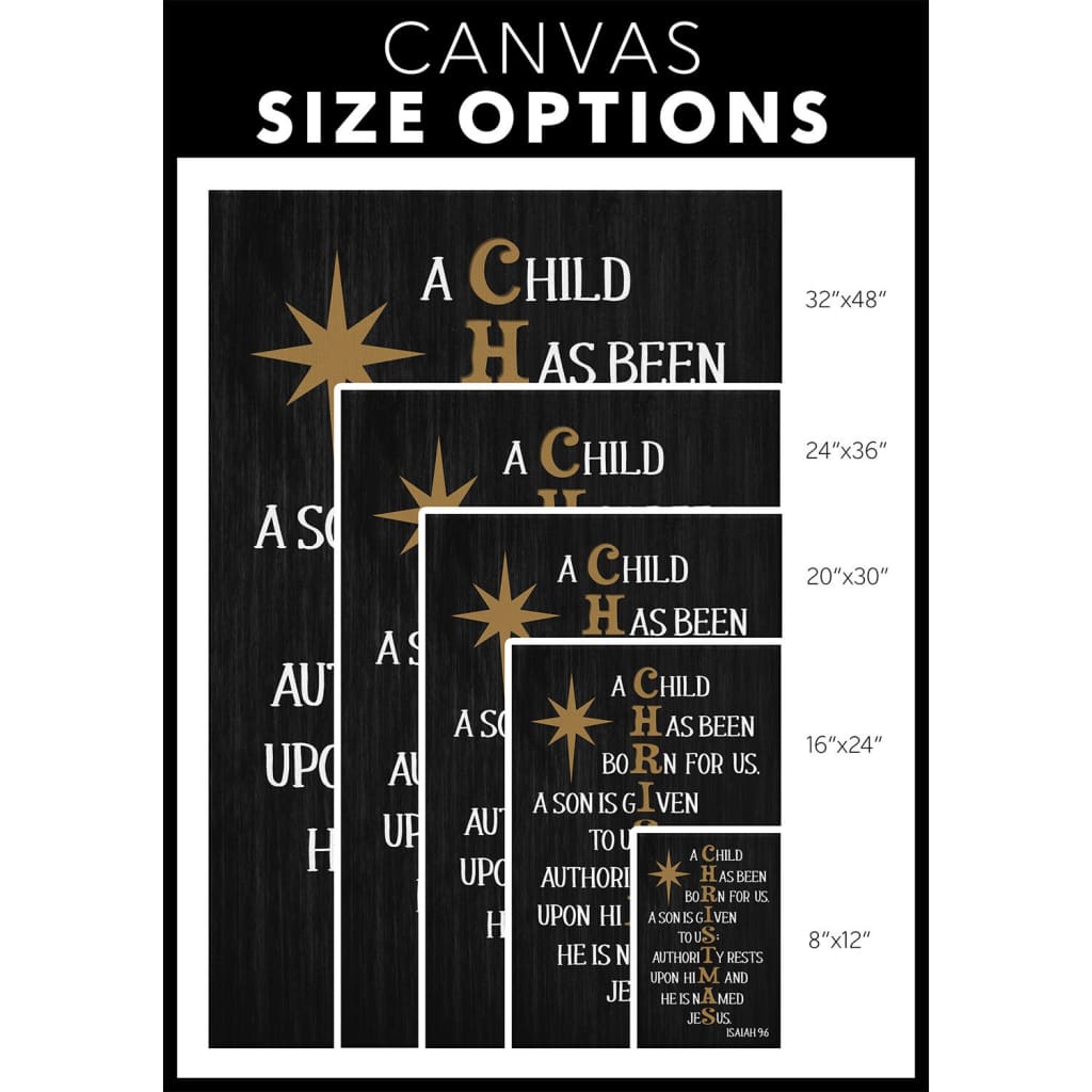 Religious wall art canvas with Isaiah 9:6, "A Child Has Been Born For Us," perfect for Christmas and faith-filled home decor.