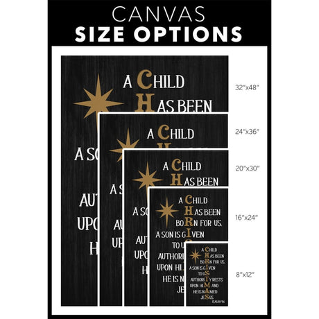 Religious wall art canvas with Isaiah 9:6, "A Child Has Been Born For Us," perfect for Christmas and faith-filled home decor.