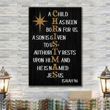 Christian wall art featuring Isaiah 9:6, "A Child Has Been Born For Us," perfect Christmas faith-based home decor.