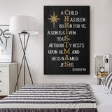 Inspirational canvas wall art with Isaiah 9:6 Bible verse, "A Child Has Been Born For Us," ideal Christian Christmas wall art.