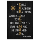 Faith-based Christmas wall art displaying Isaiah 9:6, "A Child Has Been Born For Us," great religious holiday decor for homes.
