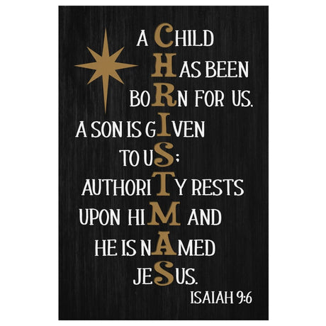 Faith-based Christmas wall art displaying Isaiah 9:6, "A Child Has Been Born For Us," great religious holiday decor for homes.
