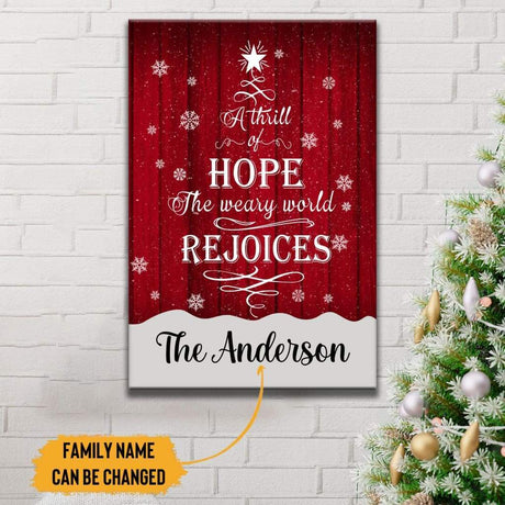 Inspirational Christmas canvas print with "A Thrill of Hope the Weary World Rejoices," customized with family name, ideal for homes.