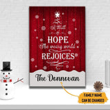 Christmas wall art featuring "A Thrill of Hope the Weary World Rejoices," perfect personalized family faith-based holiday decor.