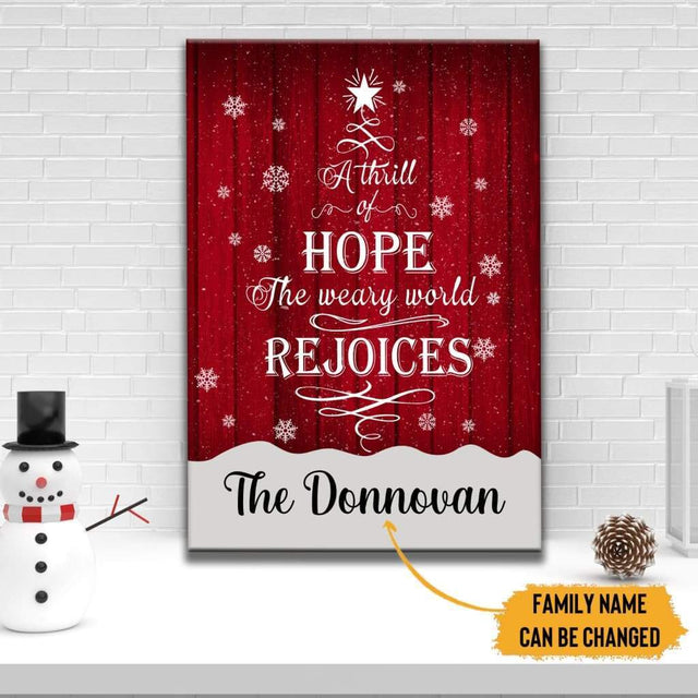 Christmas wall art featuring "A Thrill of Hope the Weary World Rejoices," perfect personalized family faith-based holiday decor.