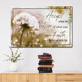 Brown Christian wall art canvas featuring "Accept What Is, Let Go of What Was" with dandelion, ideal Christian gift.