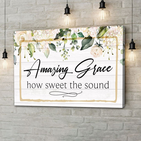 Rustic Christian wall art with "Amazing Grace, How Sweet the Sound" and floral design. Amazing Grace Wall Art