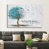 "Amazing grace how sweet the sound" Christian wall art with tree and birds, ideal for home decor.