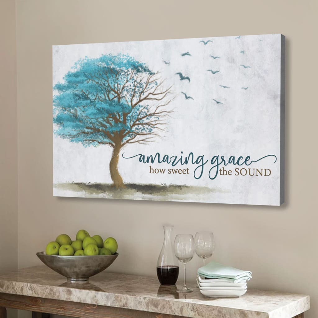Christian wall art canvas with tree and flying birds painting, featuring "Amazing grace how sweet the sound."