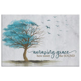 Faith-based wall art canvas with "Amazing grace how sweet the sound," tree, and flying birds design.