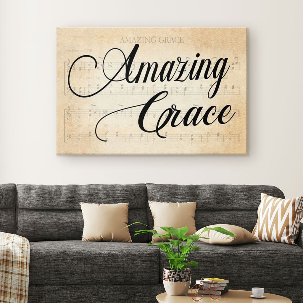 Sheet music "Amazing Grace" farmhouse-style wall art canvas, ideal Christian gift.