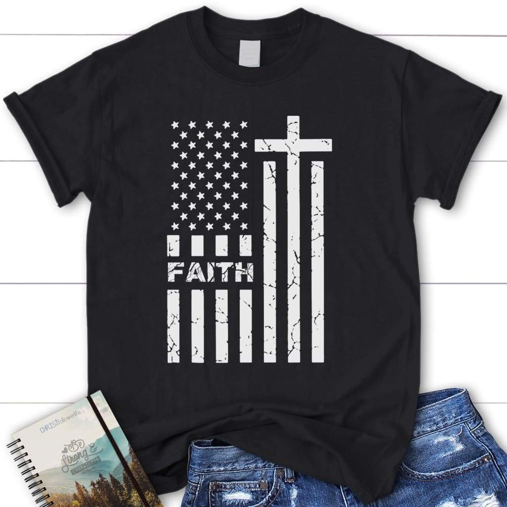 American flag and faith women’s Christian t-shirt Black / S