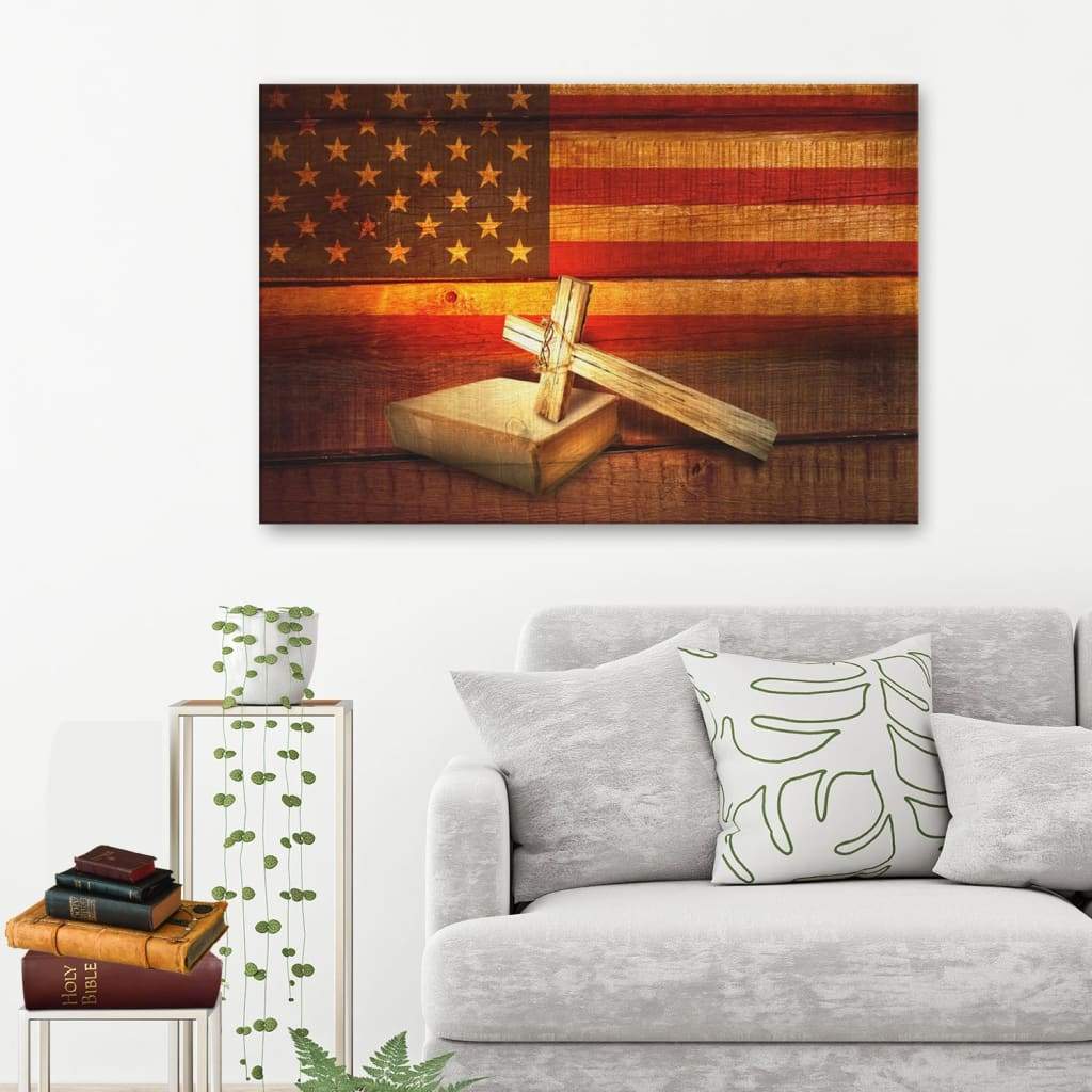 Christian wall art featuring an American flag cross with a Holy Bible, perfect faith-based patriotic decor.