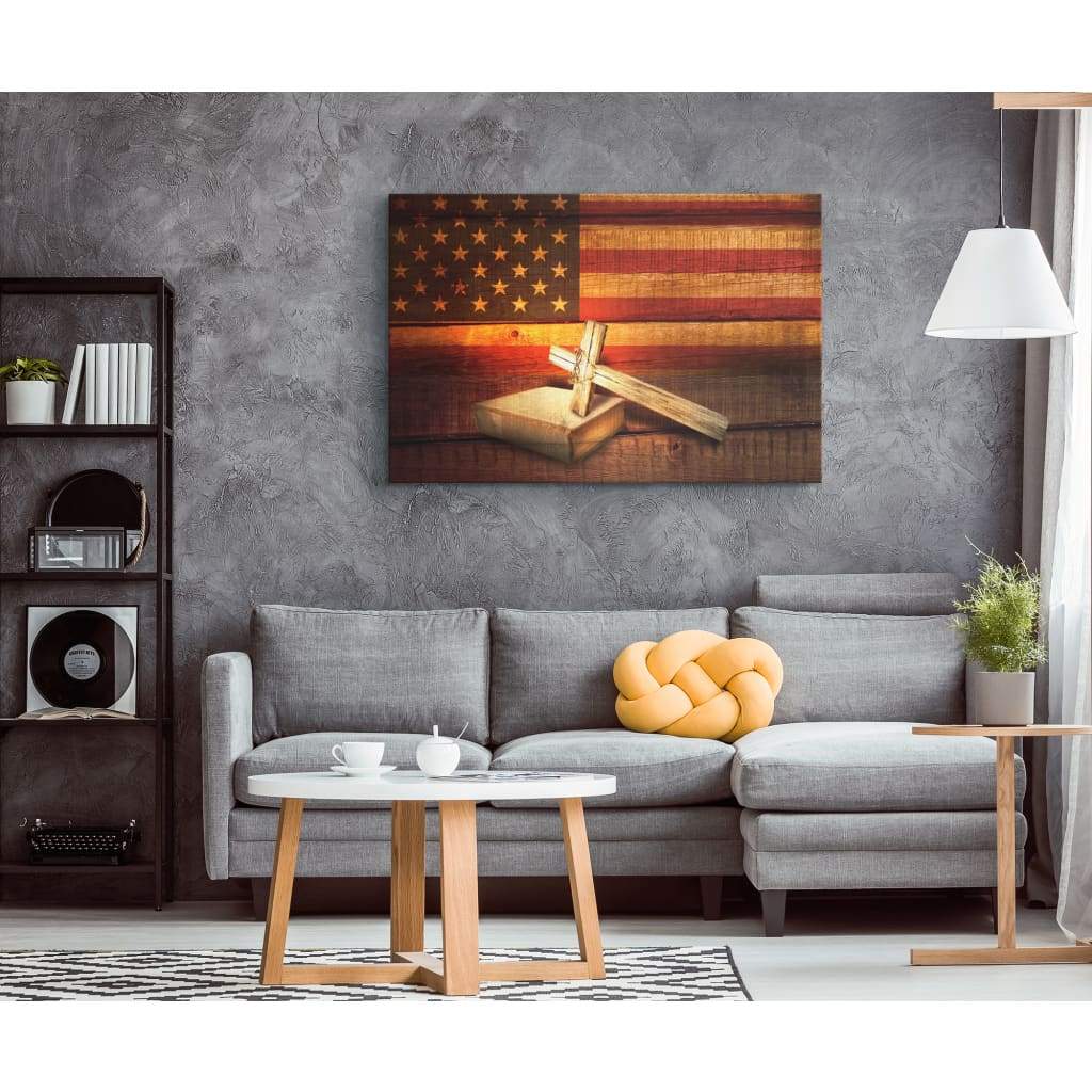 Inspirational canvas with an American flag cross and Holy Bible, ideal Christian gift for scripture-based homes.
