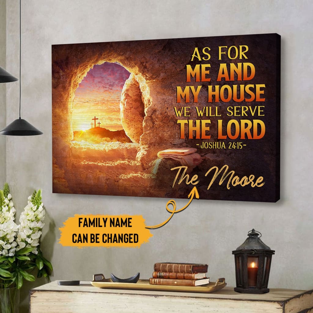 Christian custom family name canvas featuring the Bible verse Joshua 24:15, &quot;As for Me and My House,&quot; perfect for Christian gifts.