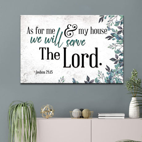 Inspirational canvas print of Joshua 24:15, "As For Me And My House," ideal for faith-based wall art / Teal.