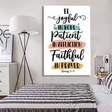 Inspirational canvas featuring Romans 12:12 NIV, a beautiful Bible verse for Christian home decor and gifts.