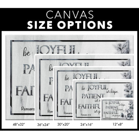 Bible verse wall art canvas with Romans 12:12, "Be joyful in hope," ideal Christian gift and home decoration / size options.