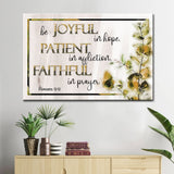 Christian wall art canvas with the Bible verse "Be joyful in hope" Romans 12:12, perfect faith-based decor / Brown.